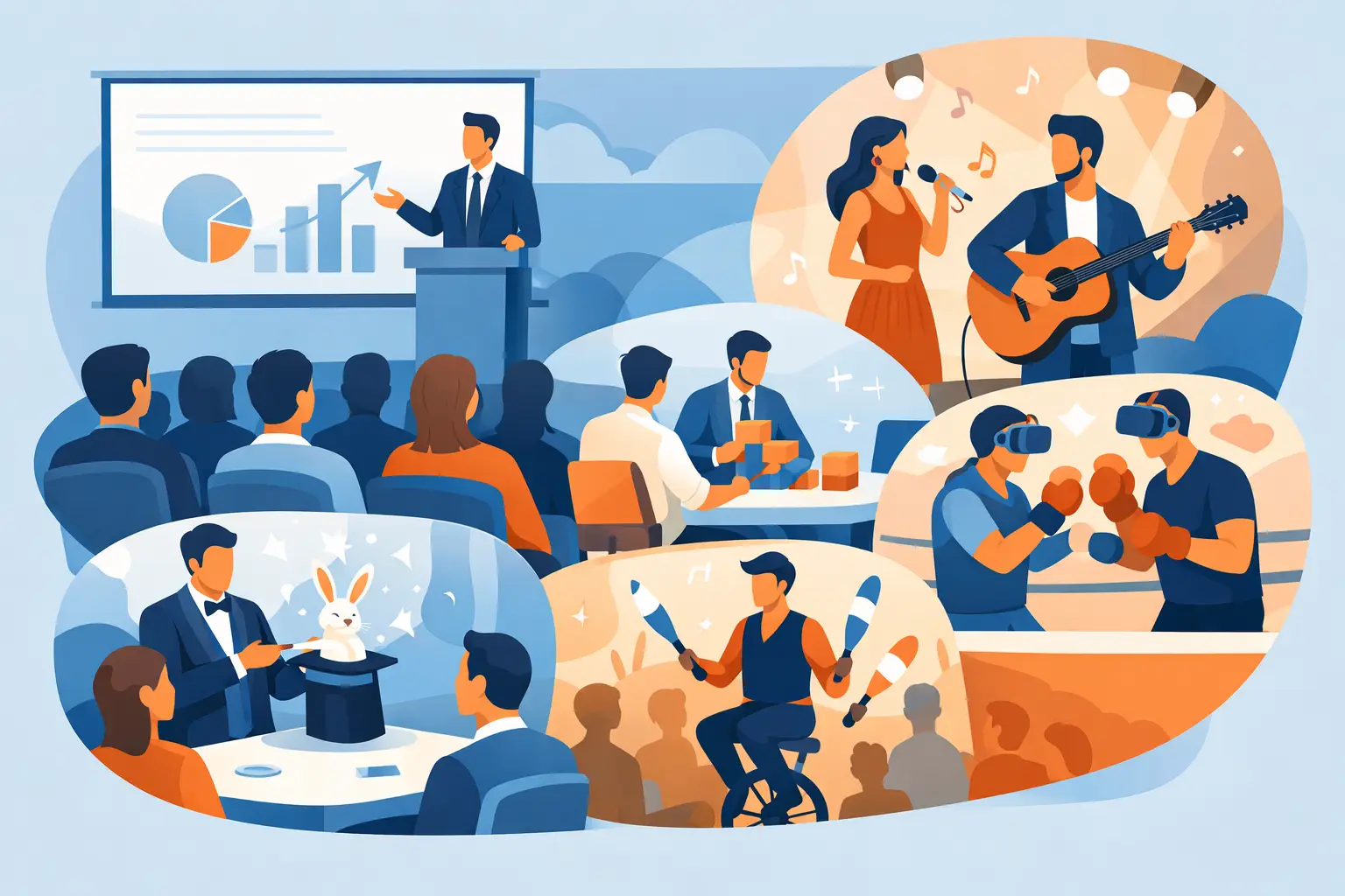 Illustration depicting various entertainment ideas for corporate events, featuring a speaker at a podium, a singer with a guitar, a magician with a rabbit, a juggler on a unicycle, and participants engaging in virtual reality and boxing activities, highlighting the role of an emcee in enhancing event engagement and energy.