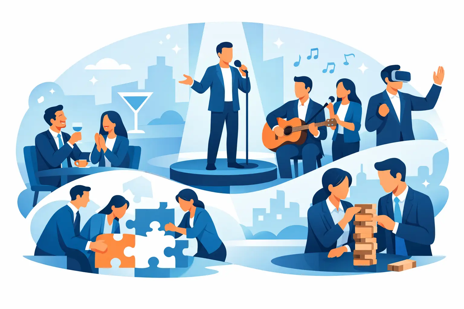 Illustration of corporate conference entertainment ideas, featuring a singer on stage, musicians performing, attendees enjoying drinks, and groups engaging in interactive activities like puzzles and games, emphasizing engagement and energy at corporate events.