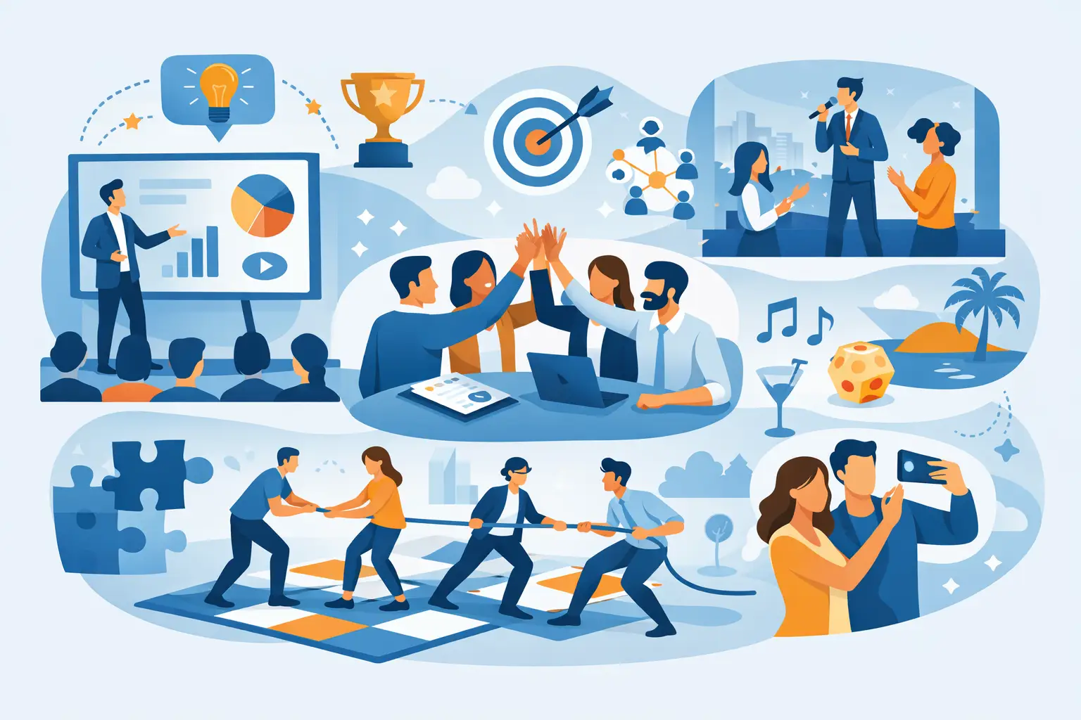 Illustration depicting various corporate event engagement activities, including a speaker presenting on a stage, team collaboration, interactive games, and social interactions, emphasizing the role of an emcee in enhancing event energy and attendee engagement.