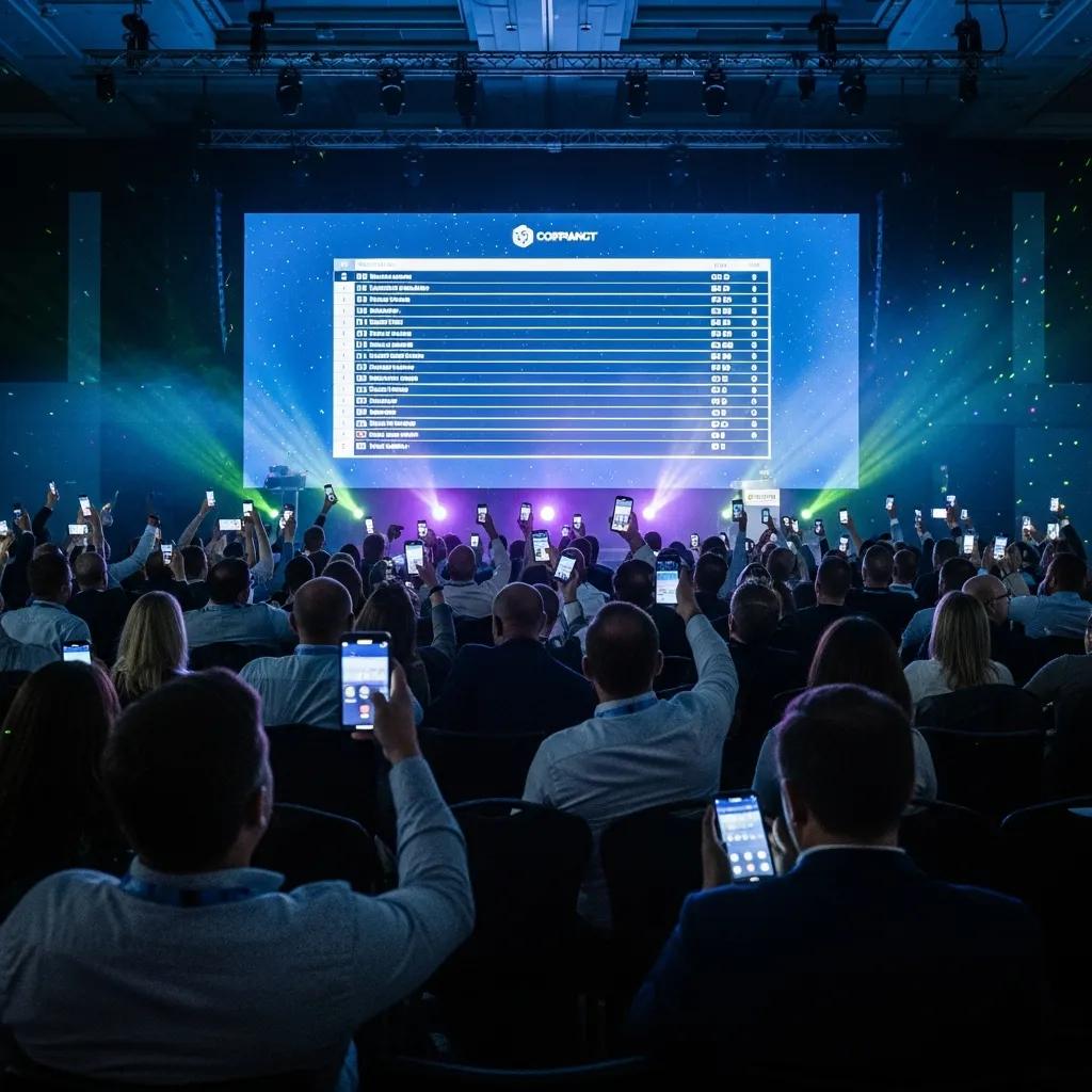 Attendees engaging in interactive polls and games at a corporate event