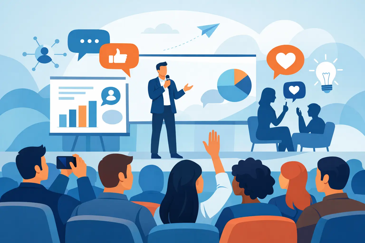 Audience engaged in a conference presentation, with a speaker addressing participants, visual aids including charts and graphs, and attendees raising hands for interaction, emphasizing audience engagement strategies.