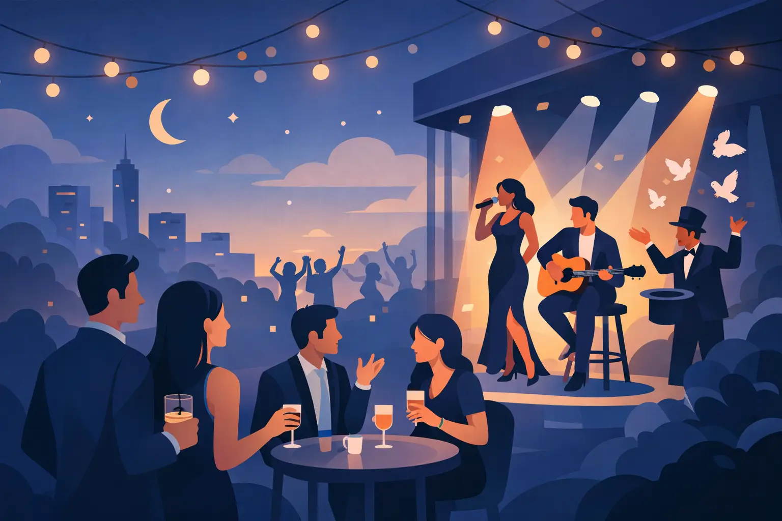 Conference evening entertainment scene with performers on stage, including a singer and guitarist, while attendees enjoy drinks and engage in conversation, enhancing corporate event energy and engagement.