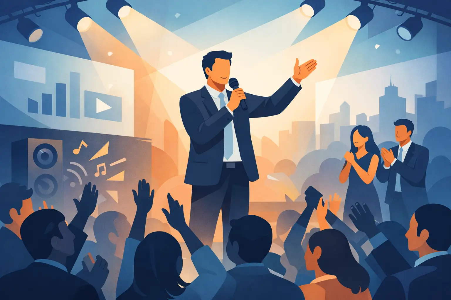 Corporate emcee engaging audience with microphone at event, spotlighted with cheering crowd, showcasing event energy and engagement.