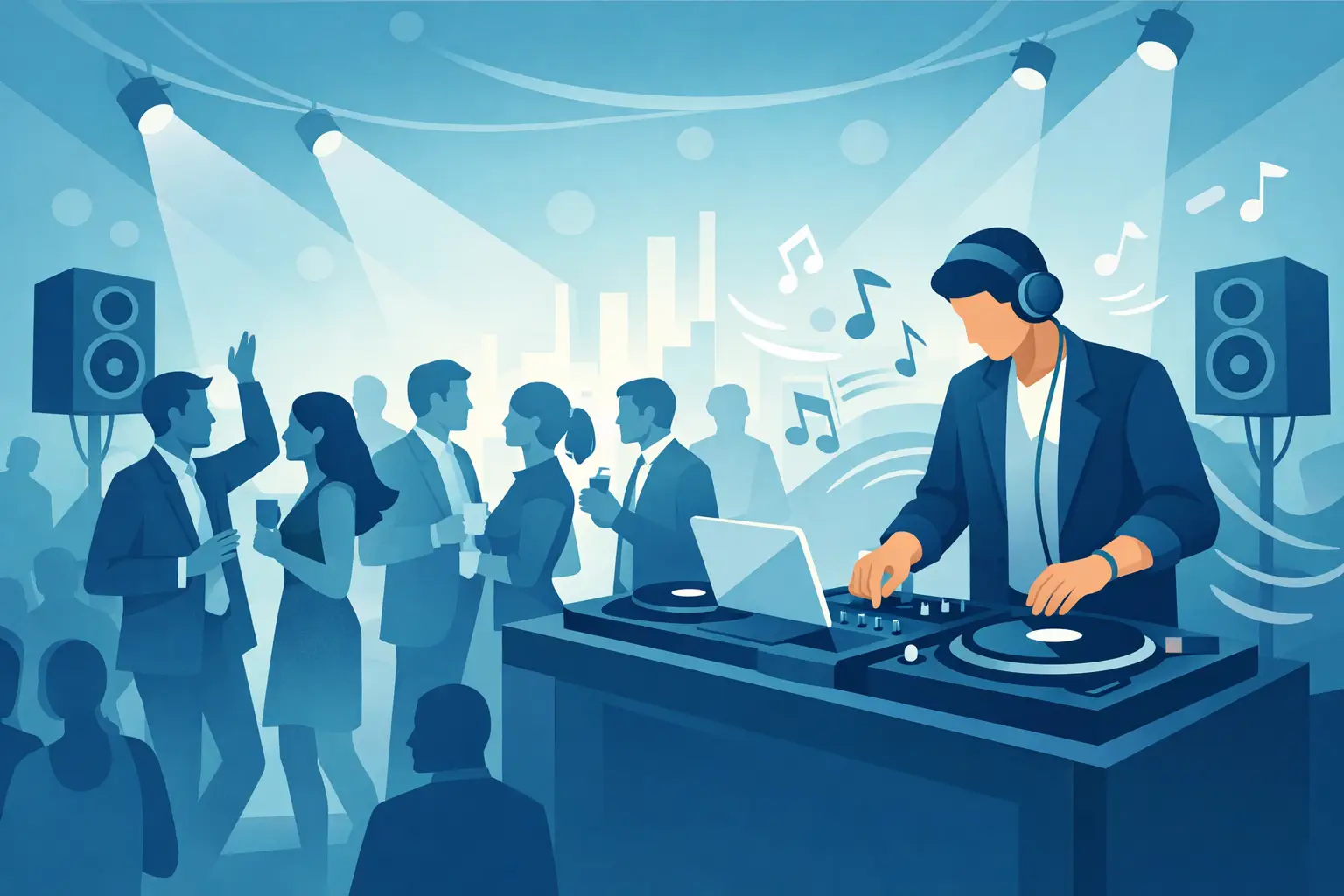 DJ performing at a corporate event with guests dancing and socializing, emphasizing interactive entertainment and engagement.