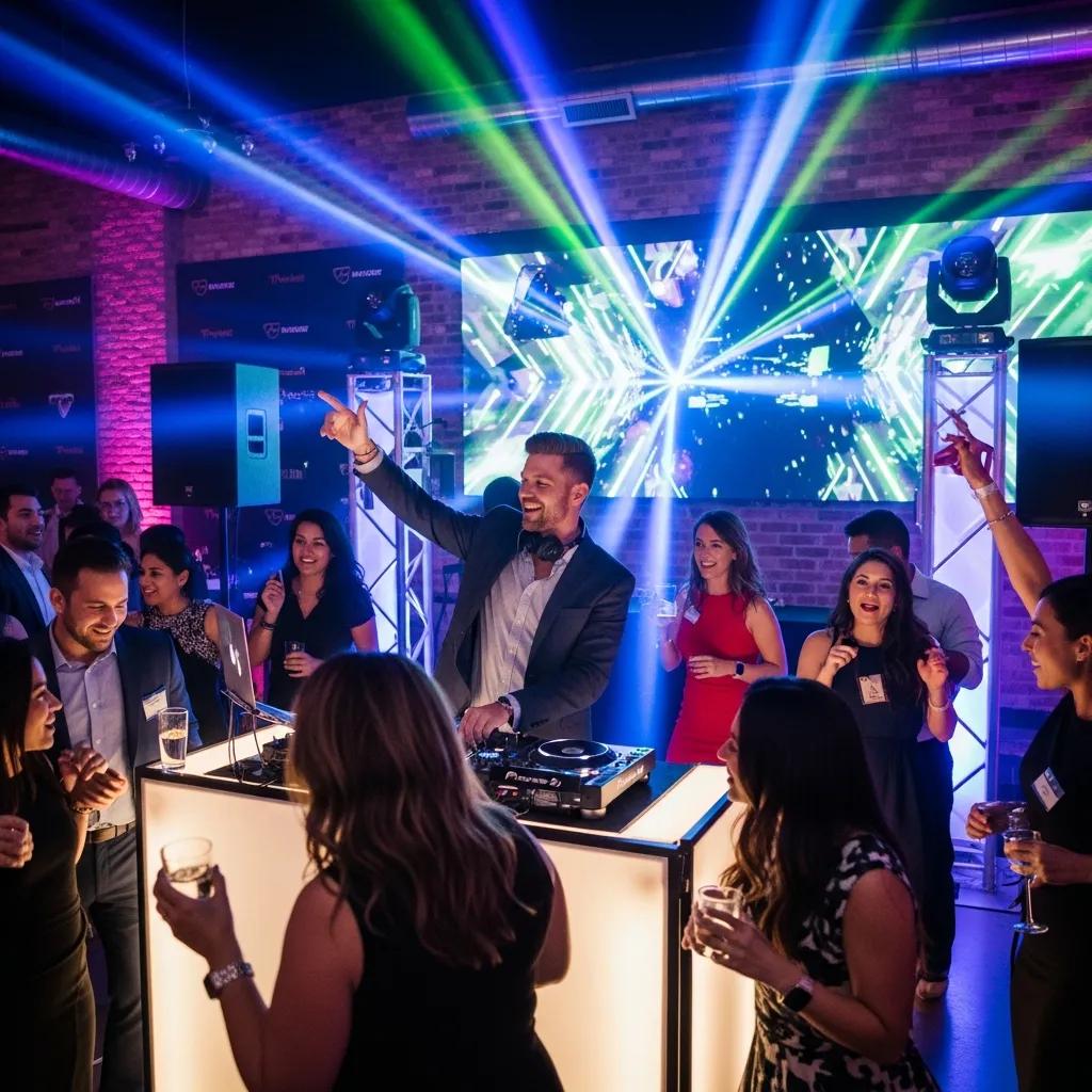 Corporate event DJ in San Diego engaging attendees with vibrant lighting and sound equipment at a lively gathering.