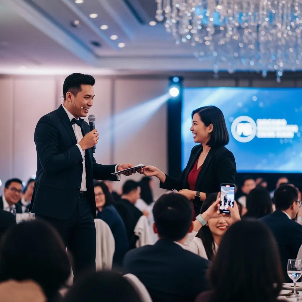 Corporate event emcee engaging with an audience in a lively event setting