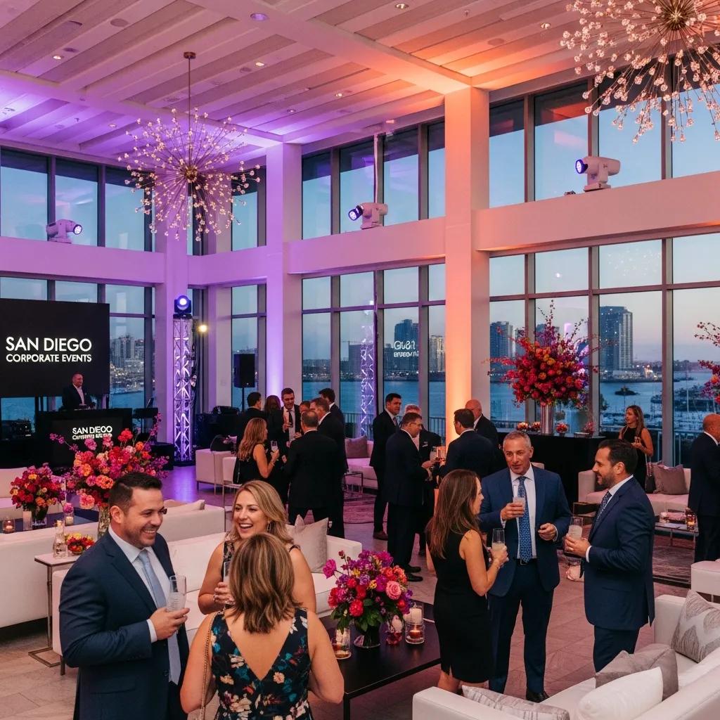 Corporate event in a luxurious San Diego venue with attendees and DJ setup