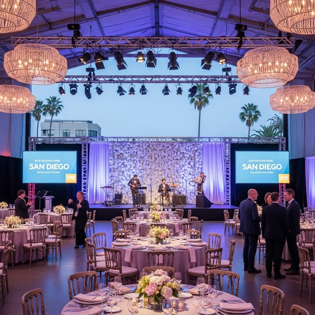 Corporate event setup in San Diego with elegant decor and networking attendees