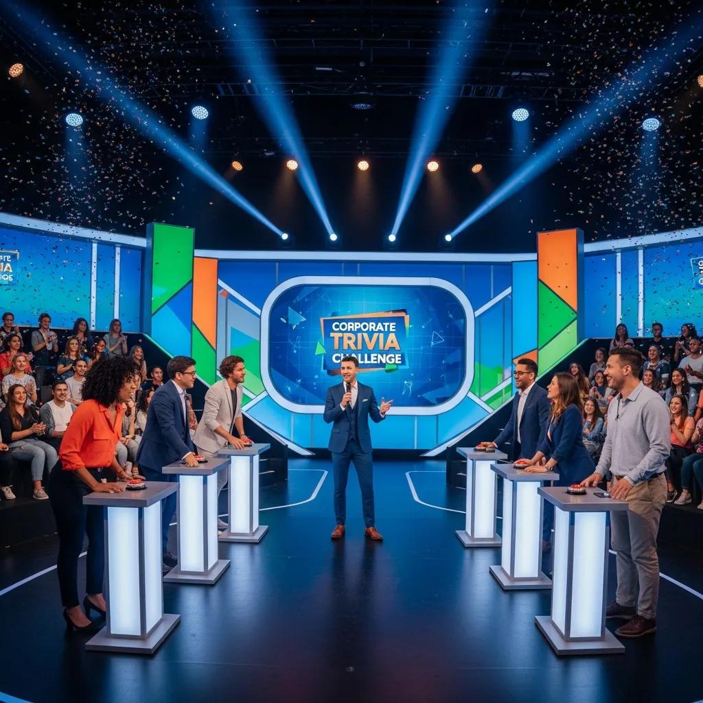 Corporate game show event with professionals participating in a trivia game