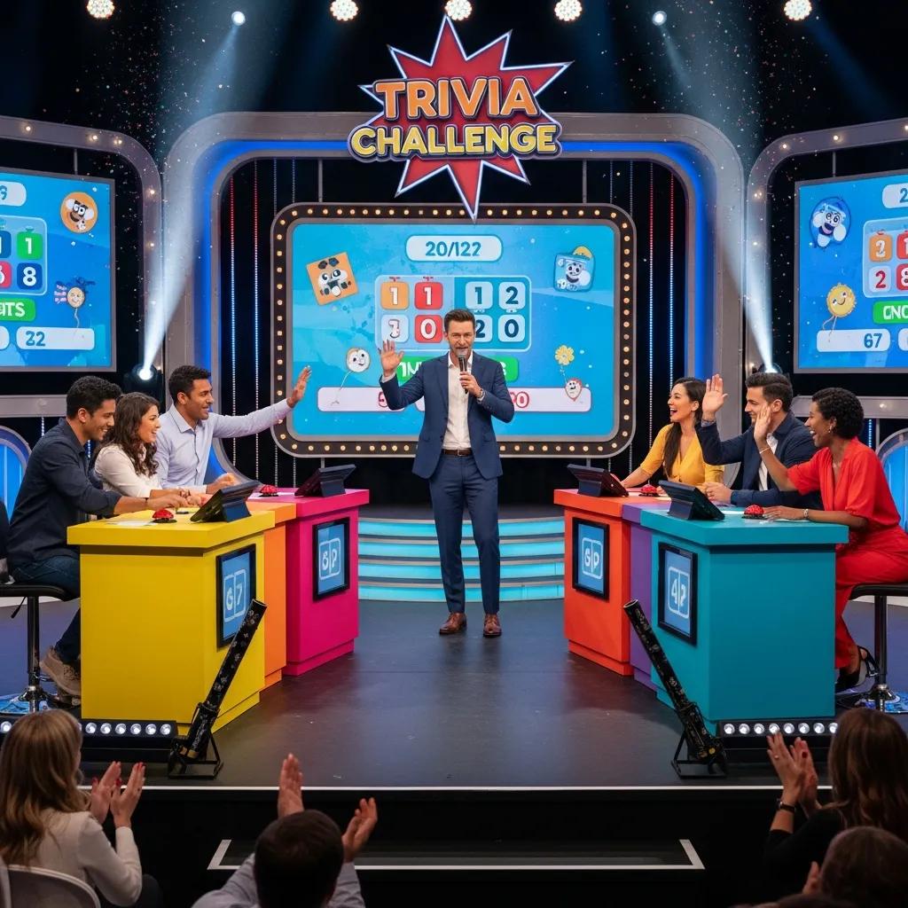 Corporate game show scene with employees engaged in trivia, showcasing teamwork and excitement