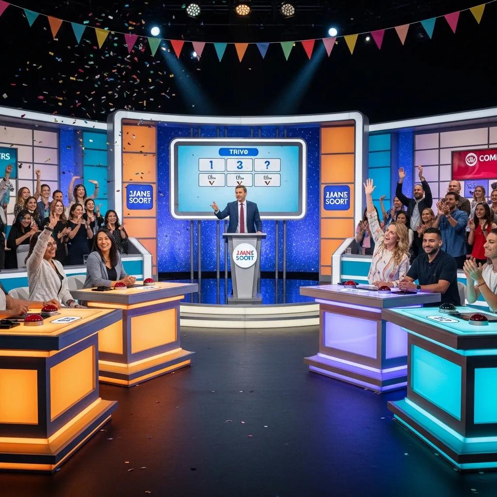 Corporate game show with diverse employees participating in a trivia challenge, highlighting teamwork and engagement