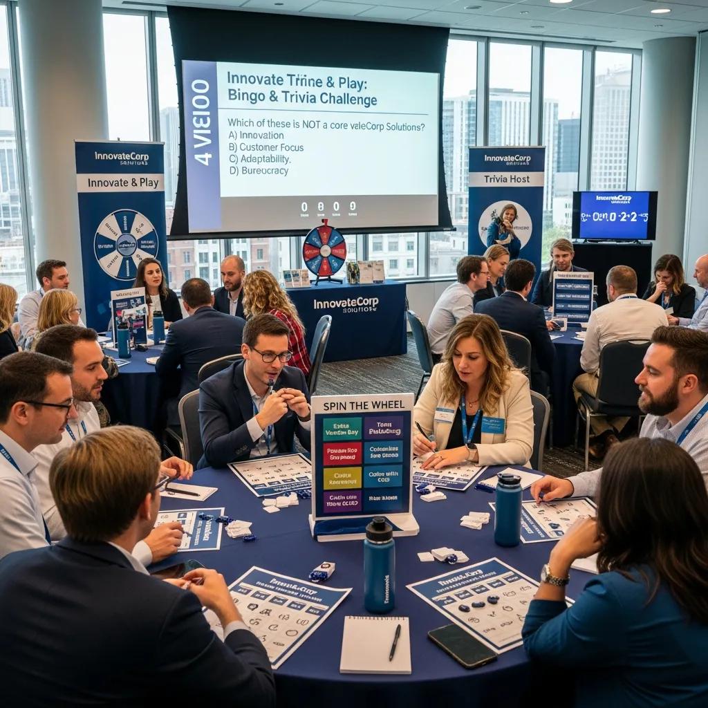Customized bingo and trivia event setup with branded materials and engaged participants