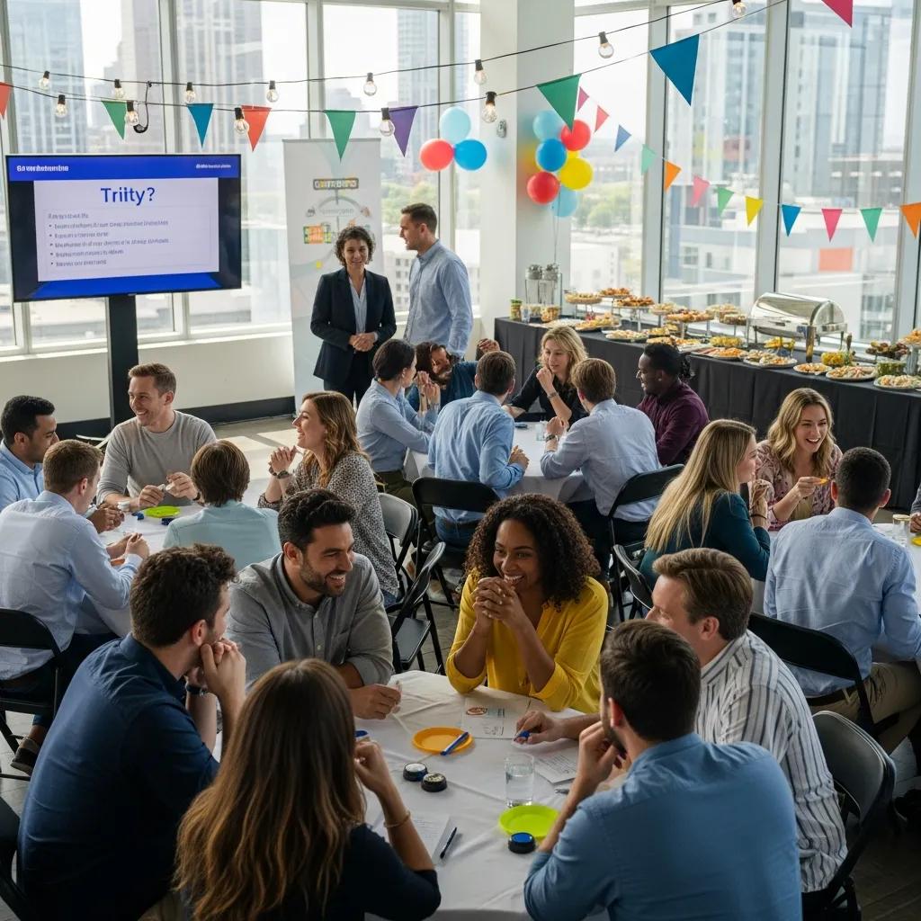 Diverse employees engaging in a corporate team-building activity, showcasing teamwork and collaboration