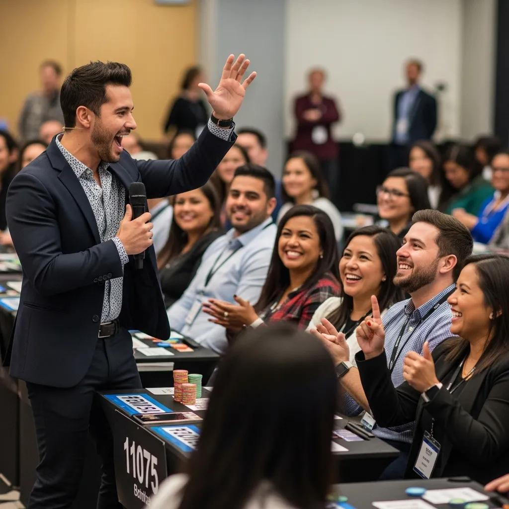Dynamic corporate event with a charismatic host engaging a lively audience