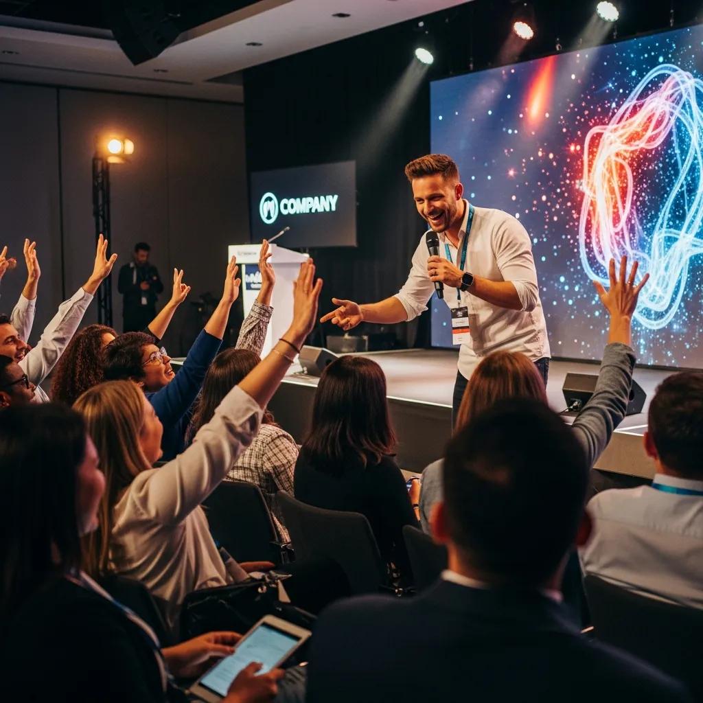 Emcee interacting with an engaged audience at a corporate event