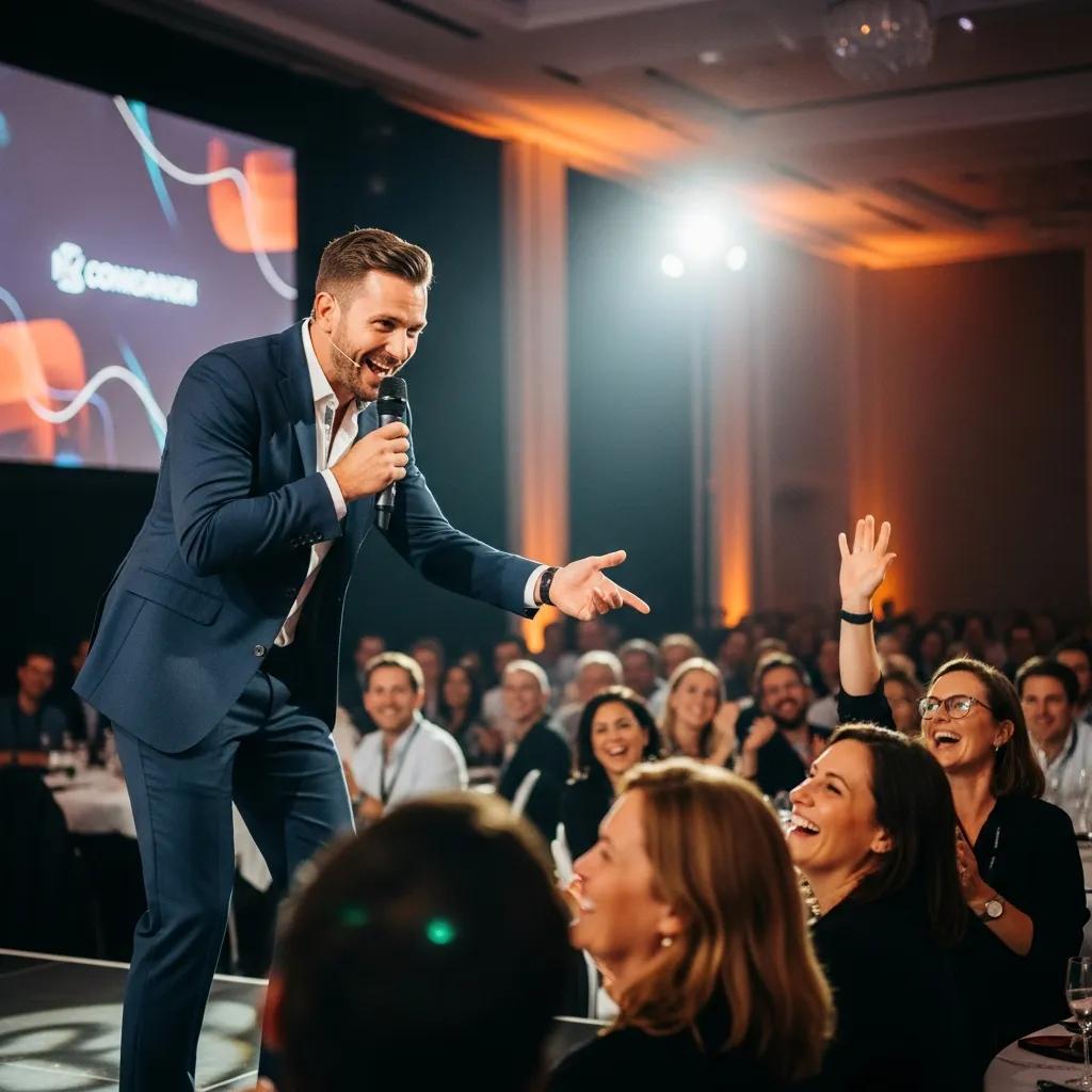 Emcee interacting with audience, showcasing engagement skills at a corporate event