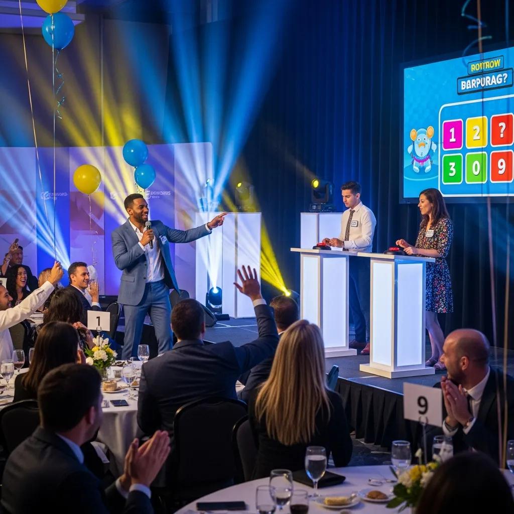 Emcee leading an interactive game show at a corporate event with engaged audience
