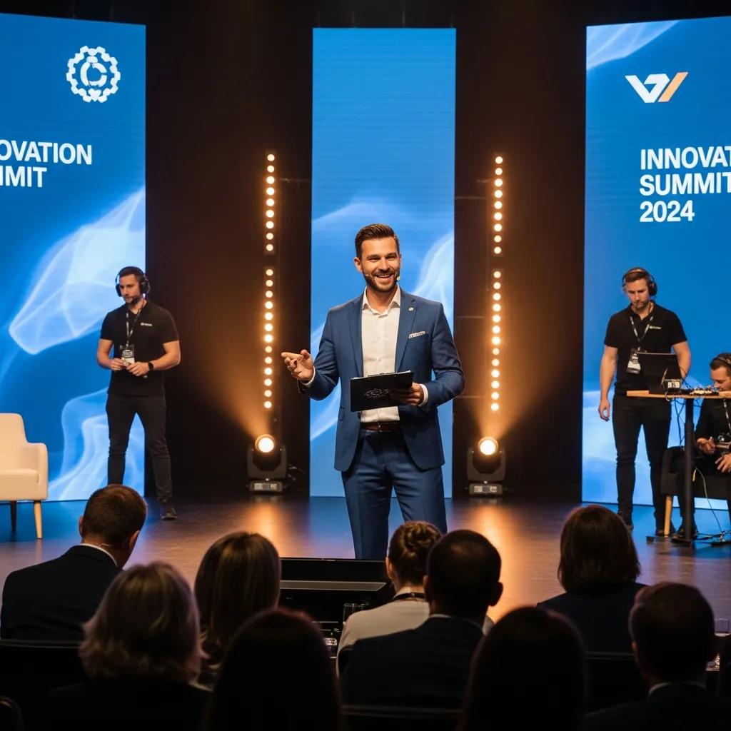 Emcee managing event flow and coordinating activities during a corporate event