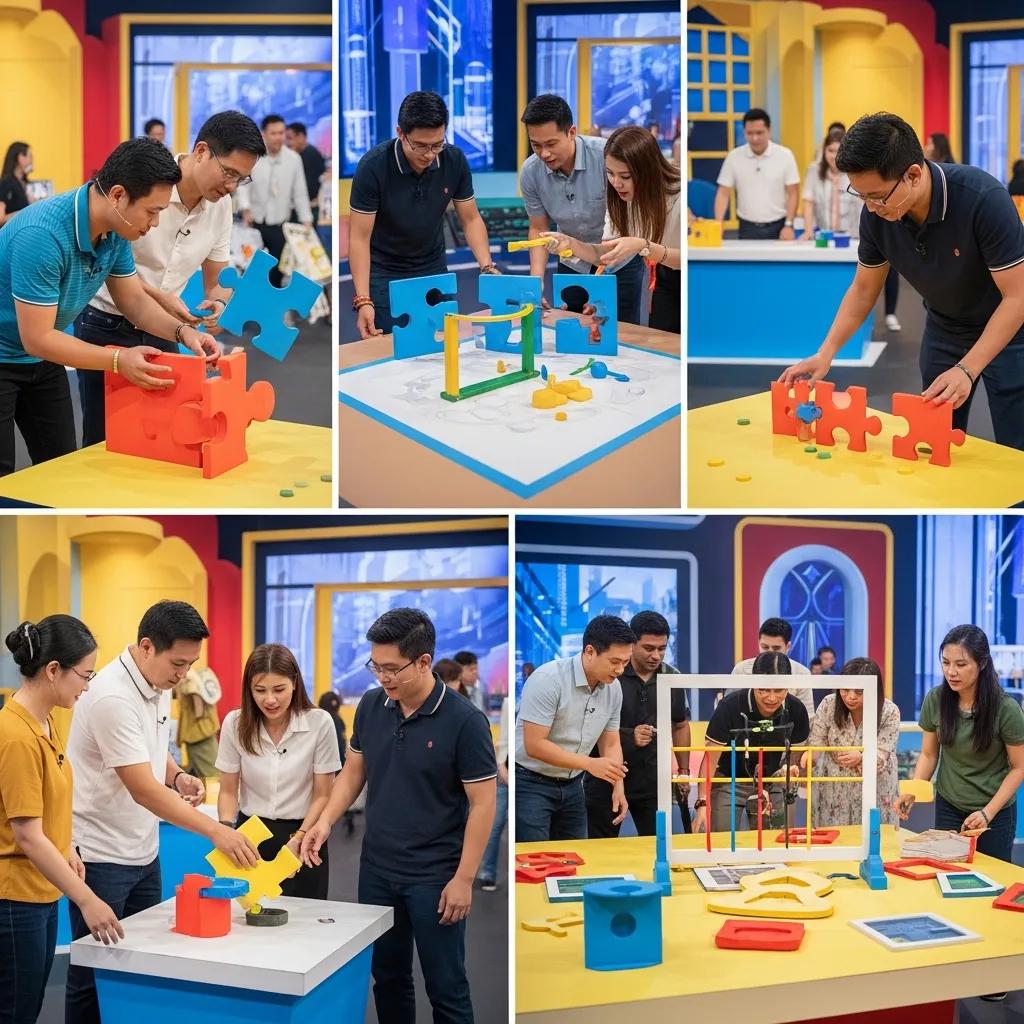 Employees engaged in a team-based challenge during a live game show, promoting collaboration