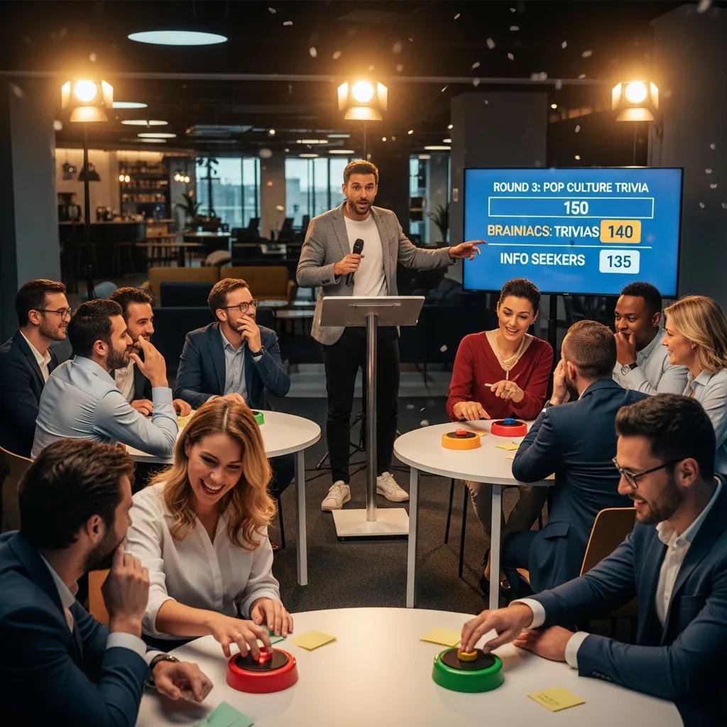 Employees participating in an interactive trivia game, showcasing teamwork and engagement