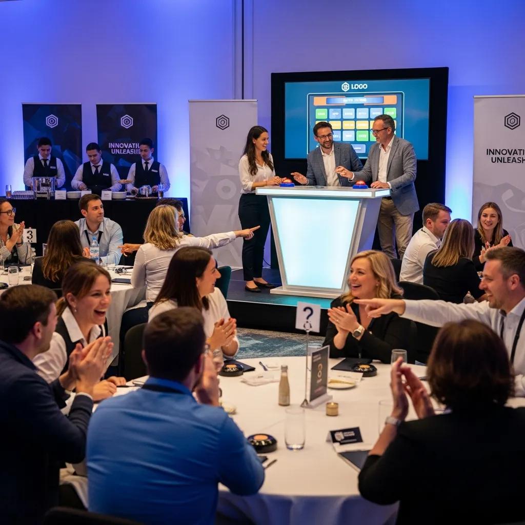 Engaged attendees at a corporate event enjoying interactive entertainment, featuring a quiz setup with presenters and an audience actively participating.