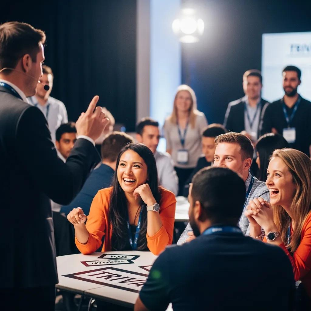 Engaged employees participating in a live corporate trivia event with a professional emcee