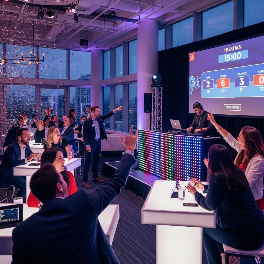 Engaged participants in a San Diego corporate game show, showcasing teamwork and excitement