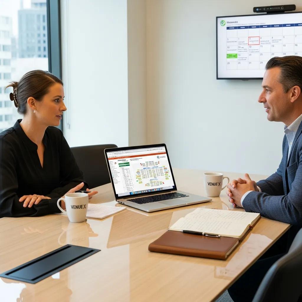 Event planner consulting with a vendor about corporate event details