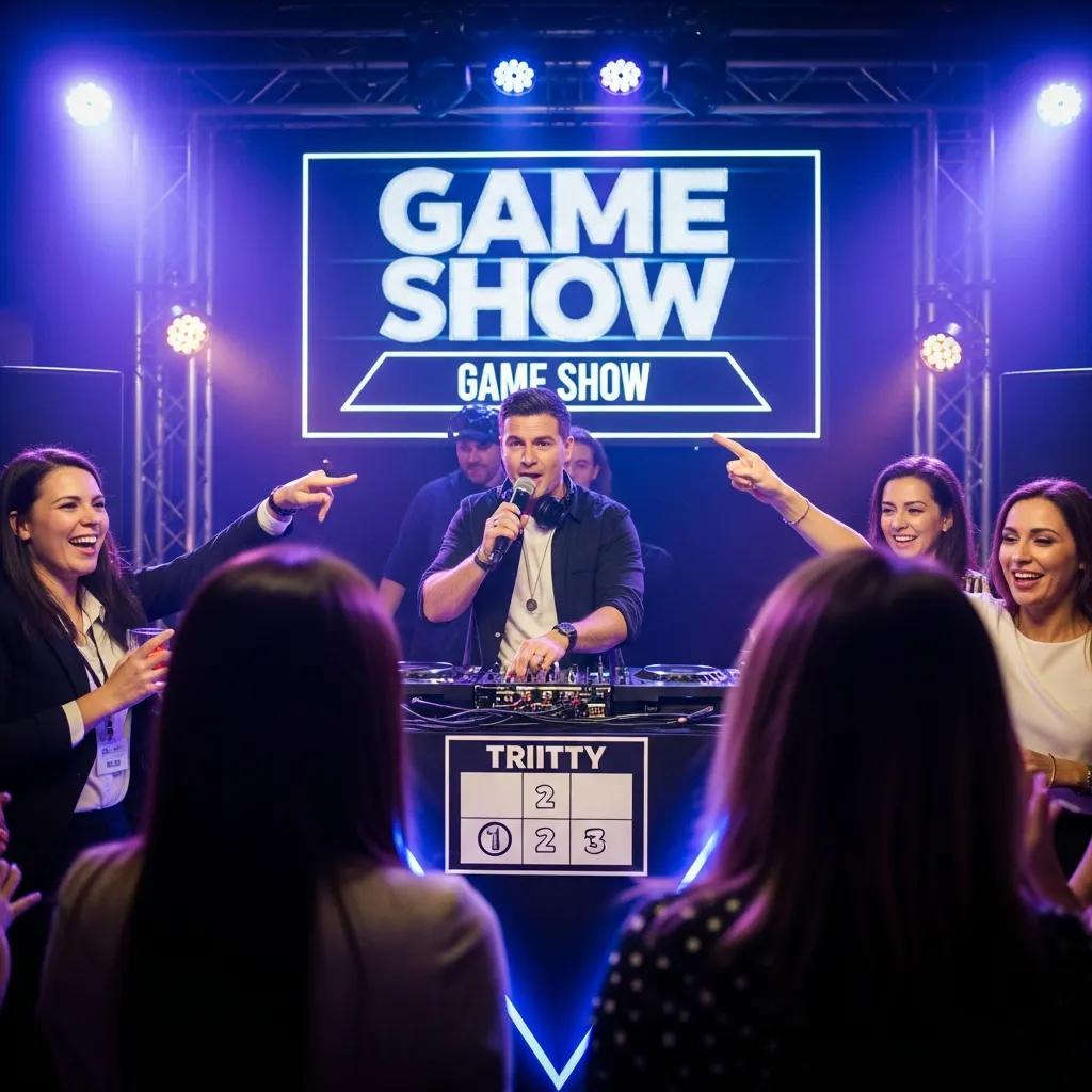Game Show DJ engaging a corporate audience in an interactive trivia game