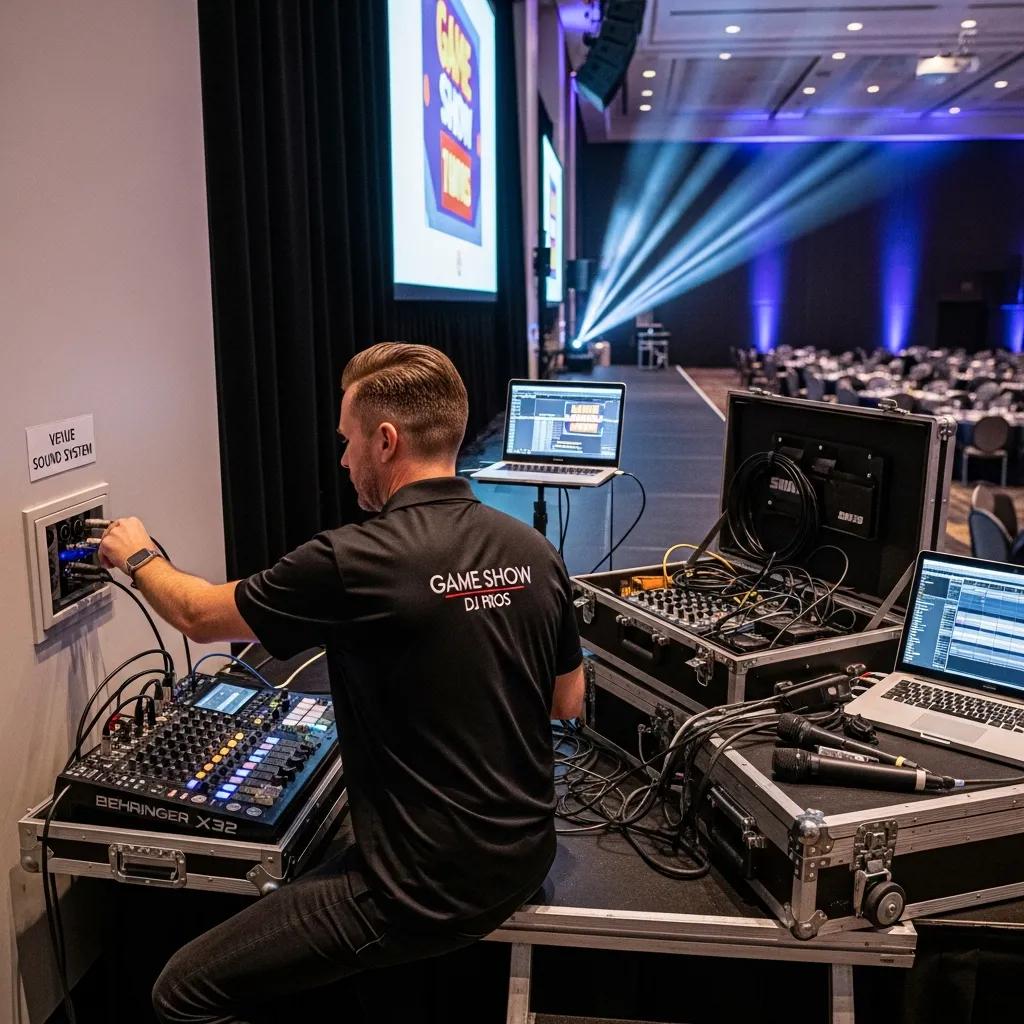 Game Show DJ setting up equipment for a corporate event, showcasing logistics and sound system connection