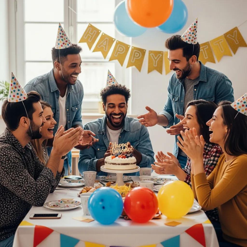 Group of friends celebrating a personal achievement with cake and balloons, emphasizing the significance of recognizing milestones in goal-setting