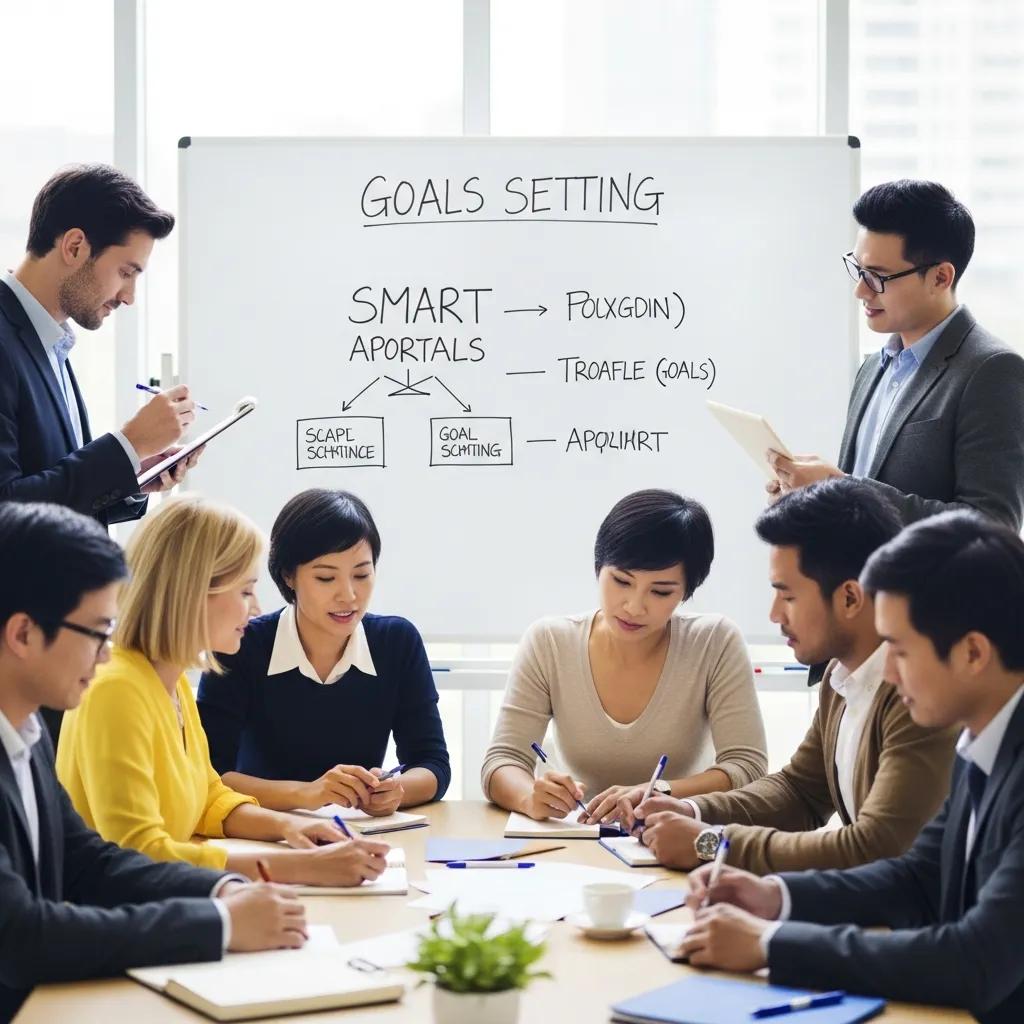 Group of professionals collaborating in a goal-setting workshop, emphasizing the importance of intentional goal-setting for personal transformation