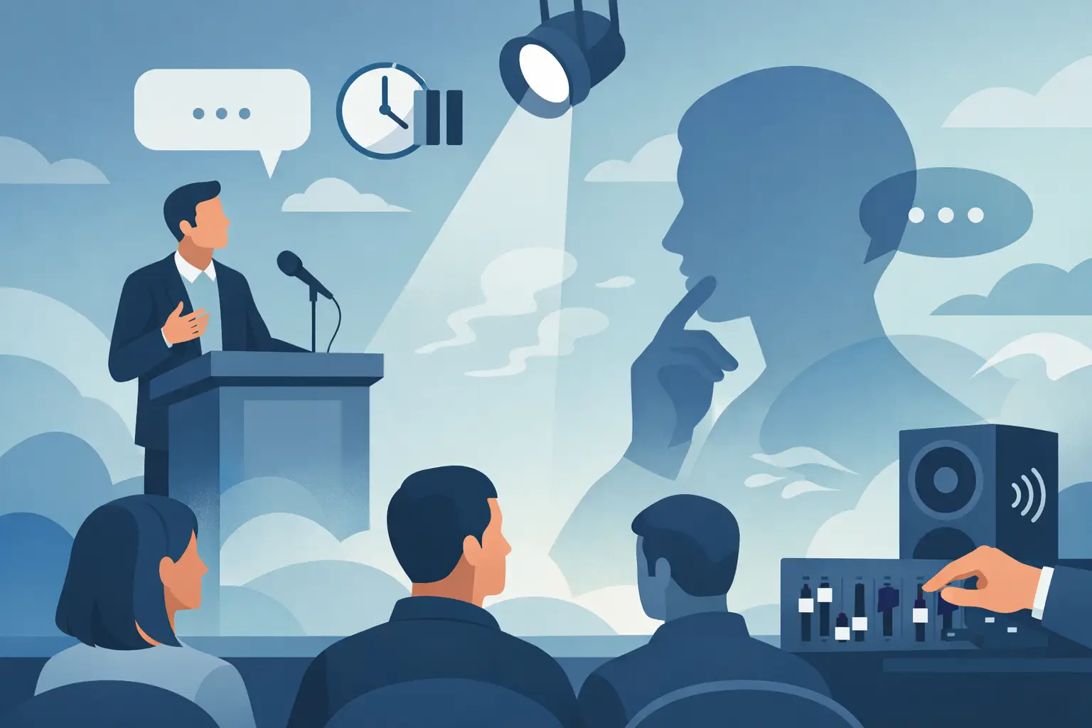 Speaker at podium addressing audience, spotlight and clock symbols illustrating timing and engagement strategies for corporate events, emphasizing the importance of maintaining energy and preventing dead air.