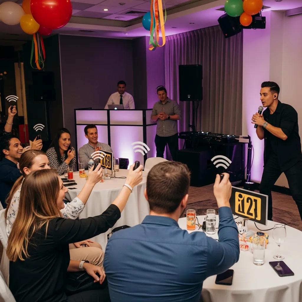 Interactive corporate event with employees engaged in a game show, showcasing high energy and participation