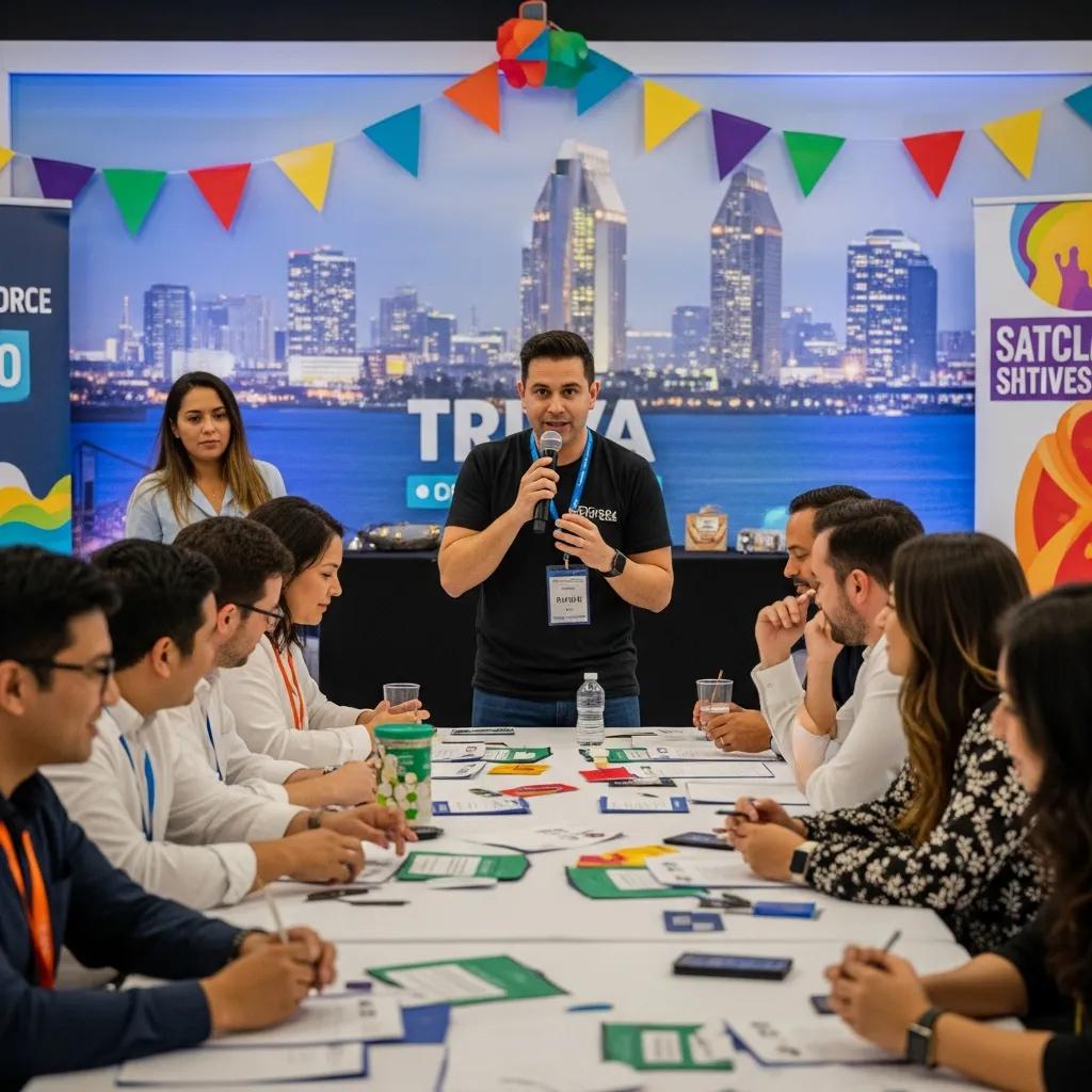 Interactive trivia event in San Diego with employees engaged in a lively game led by a professional host