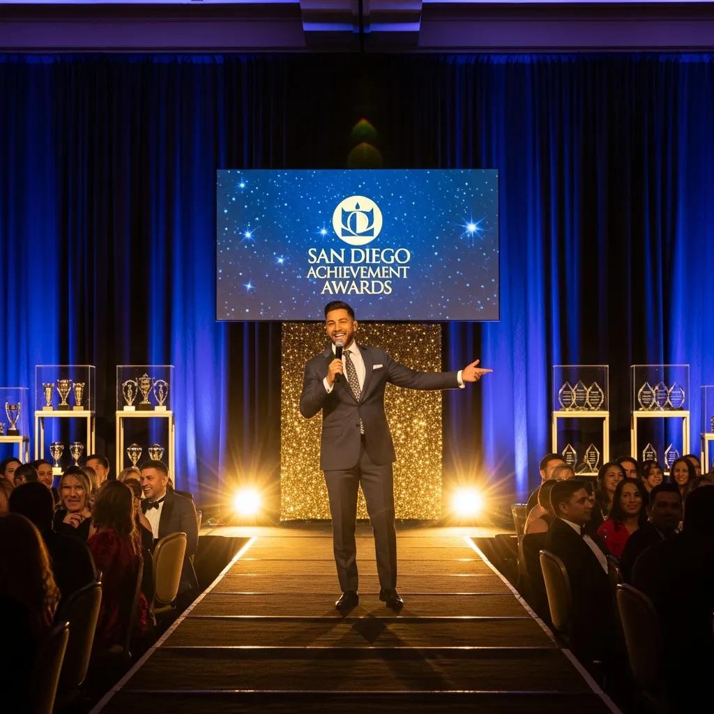 Kid Corona hosting an awards banquet in San Diego, engaging the audience with charisma and professionalism