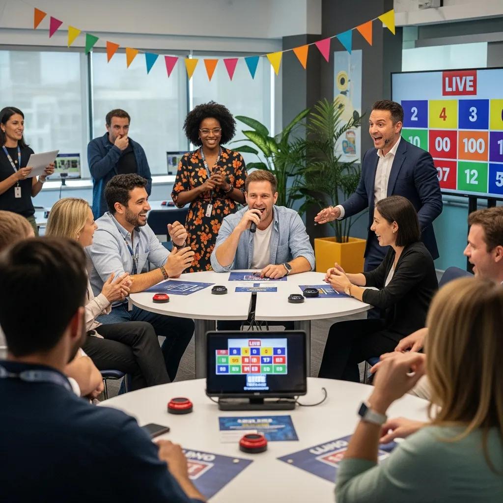Live trivia game show with diverse participants engaging in team building activities
