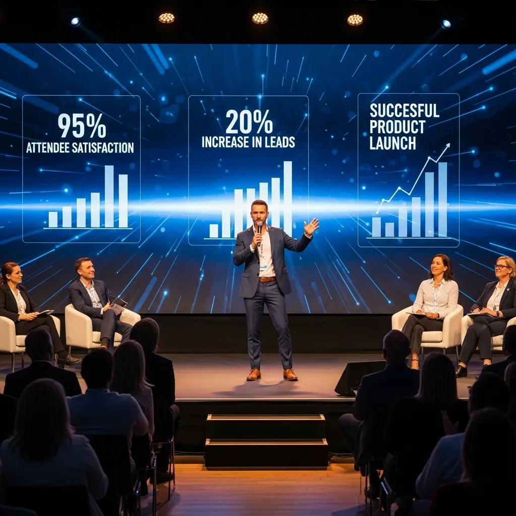 Professional emcee engaging a corporate audience with visible success metrics