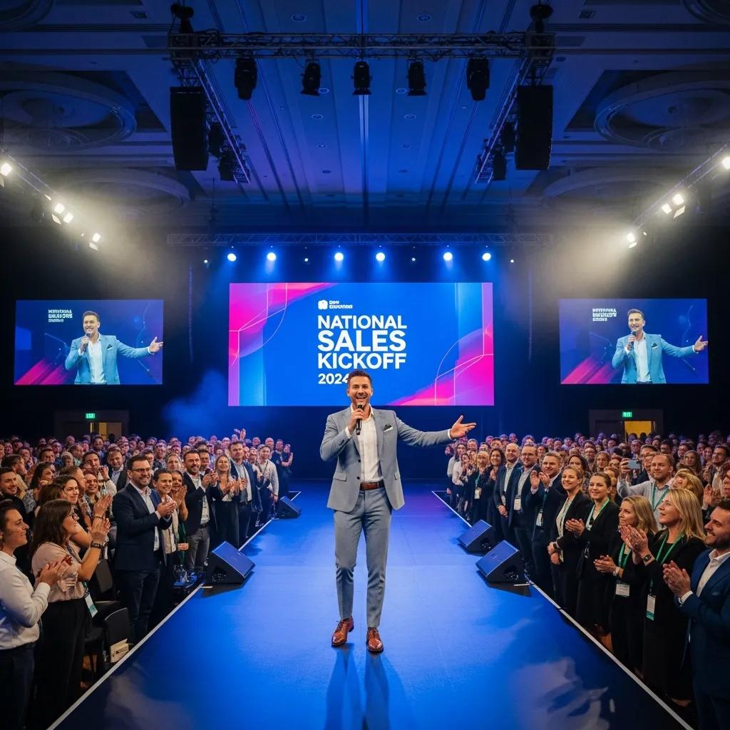 Professional emcee engaging audience at a national sales kickoff event