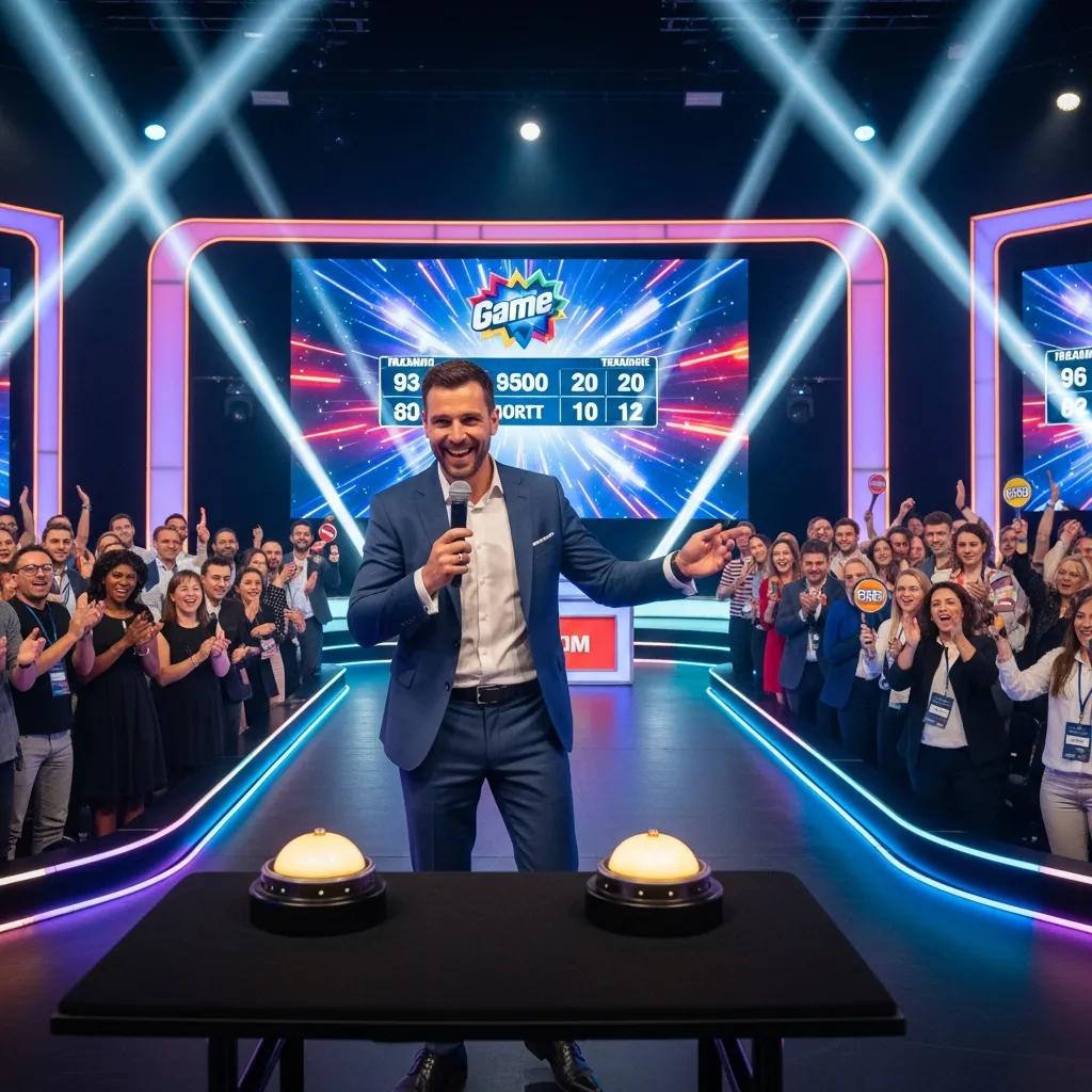Professional emcee engaging with audience at a corporate game show