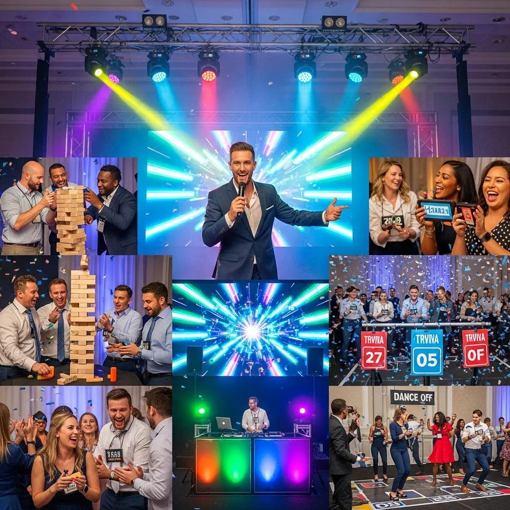 Professional emcee leading a Game Show DJ-style event with excited participants