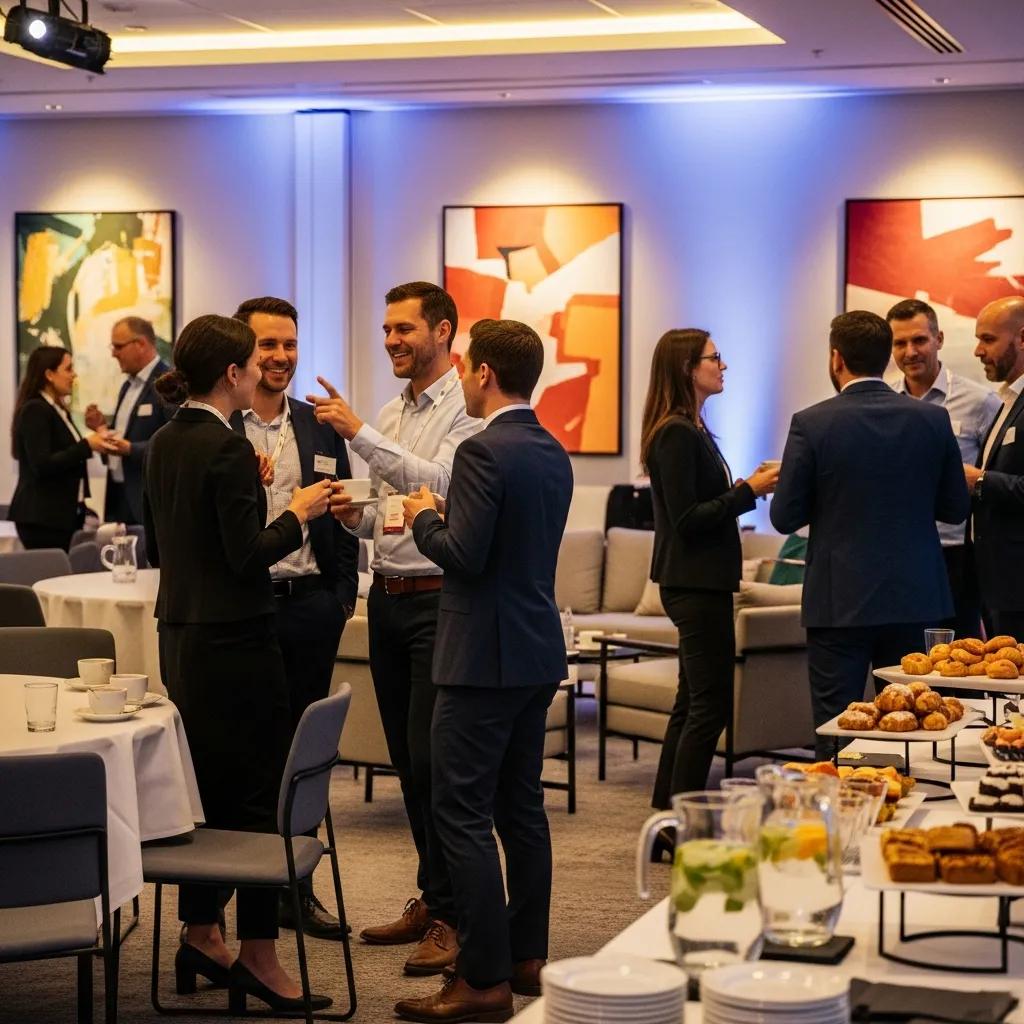 Professionals networking at a corporate event, engaging in conversations, with refreshments and snacks on display, fostering connections and enhancing client loyalty.
