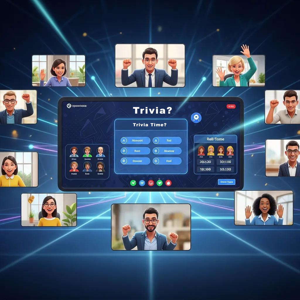 Remote employees participating in a virtual corporate game show, showcasing engagement and collaboration from different locations