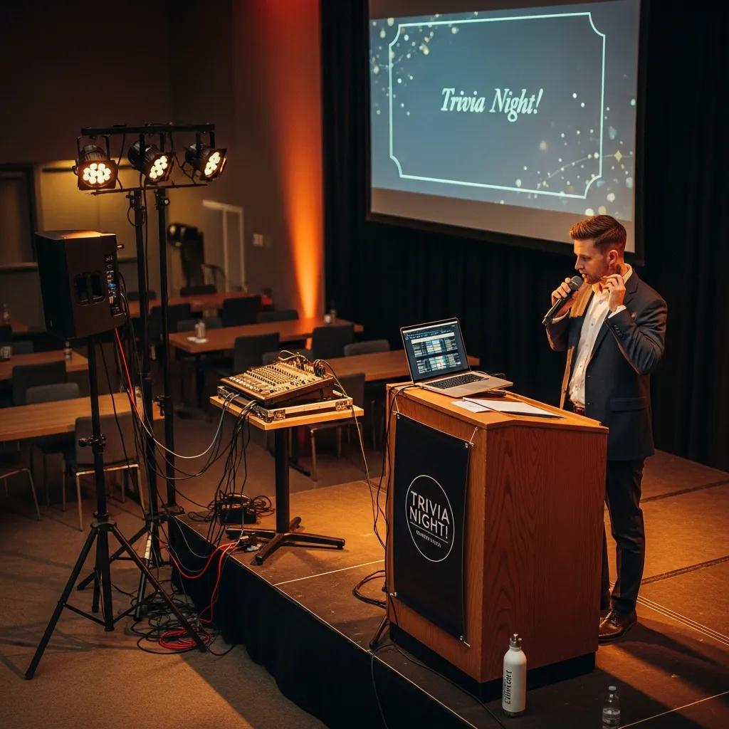 Setup for a live trivia event with sound system and emcee preparing for an engaging experience