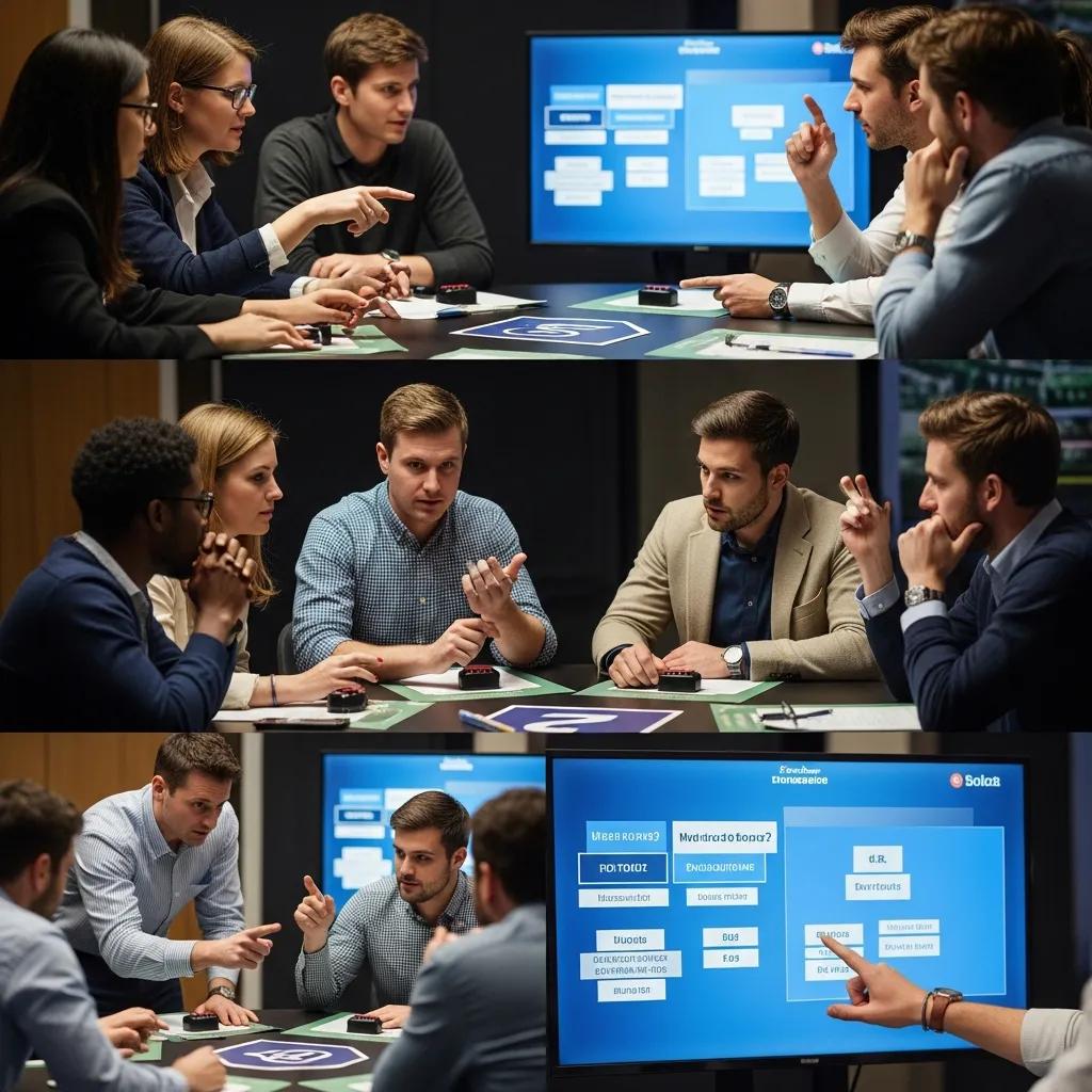 Team collaborating during an interactive trivia game, showcasing engagement and teamwork