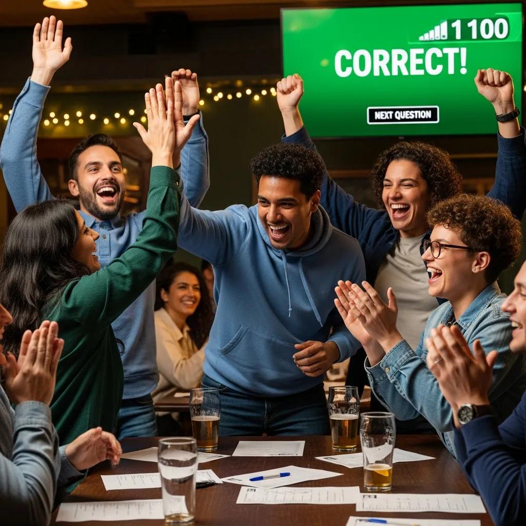 Team members celebrating their success during a live trivia game, showcasing teamwork and bonding