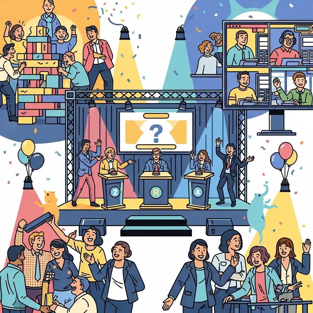 Various types of corporate game shows including trivia games, team bonding activities, and virtual game show setups