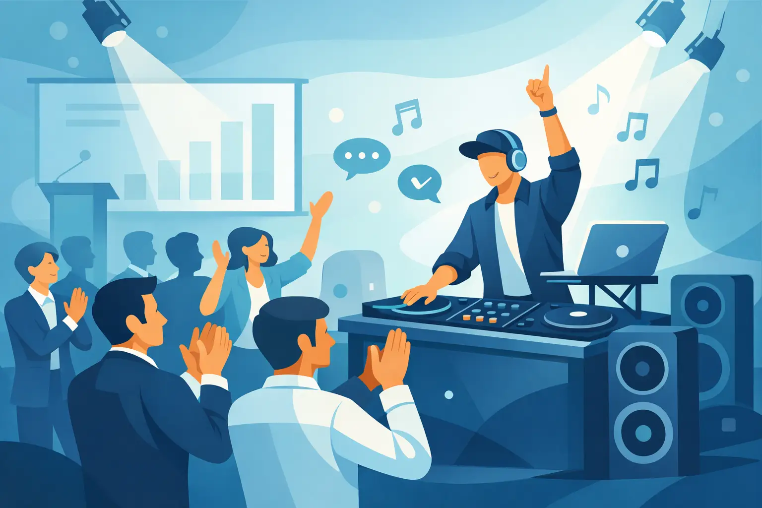 Interactive DJ engaging audience at conference event with music and applause, featuring sound equipment and presentation backdrop.