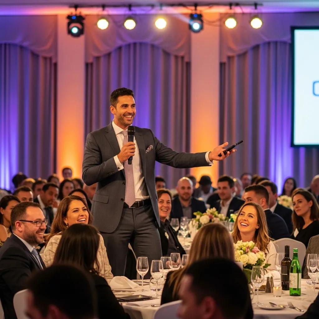 Corporate event emcee engaging an audience at a corporate event
