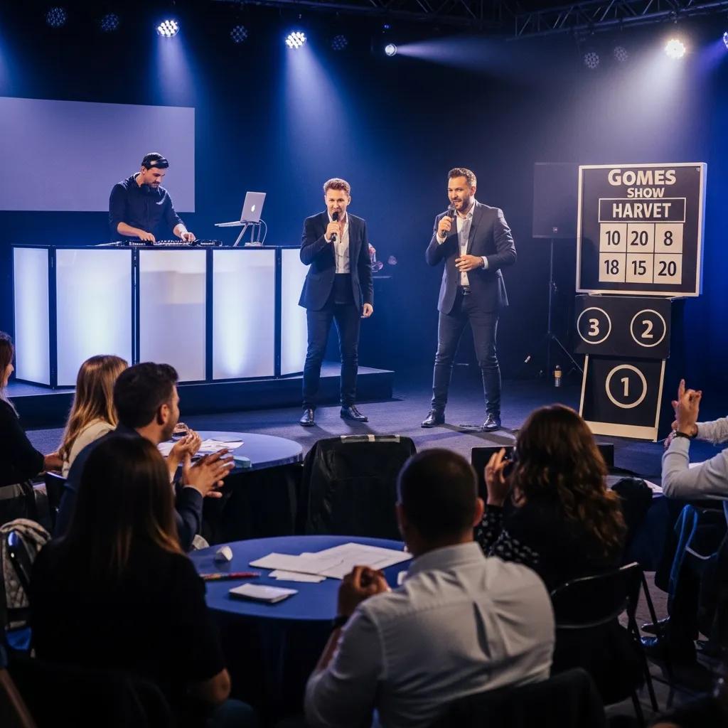 Dynamic hybrid entertainment experience with DJ, emcee, and game show host engaging an audience